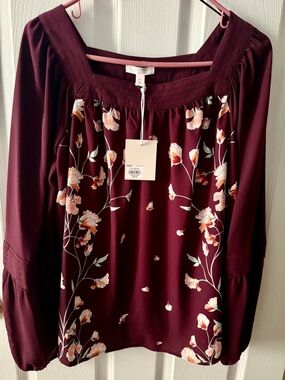 LC Lauren Conrad Burgundy Floral Long Sleeve Peasant Blouse